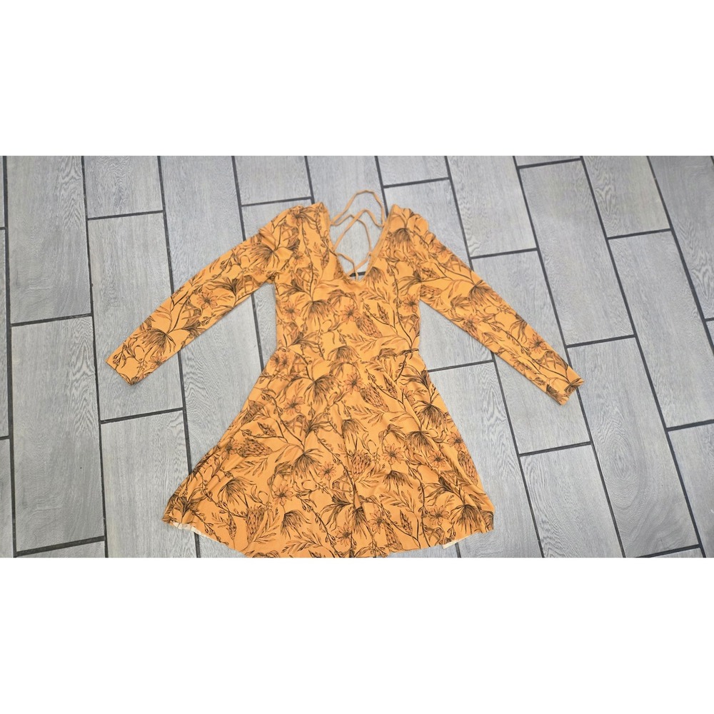 Kimchi Blue Mustard Yellow Floral Lace Up Back Long Sleeve Mini Dress Large